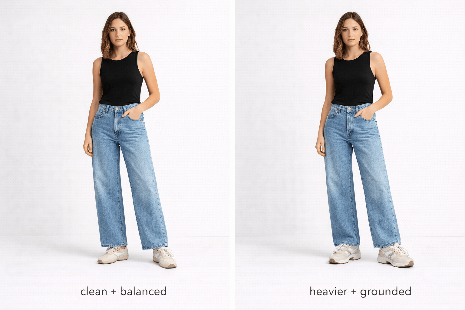 Wide leg jeans styled with slim sneakers versus chunky sneakers showing clean balance versus heavier grounded look.