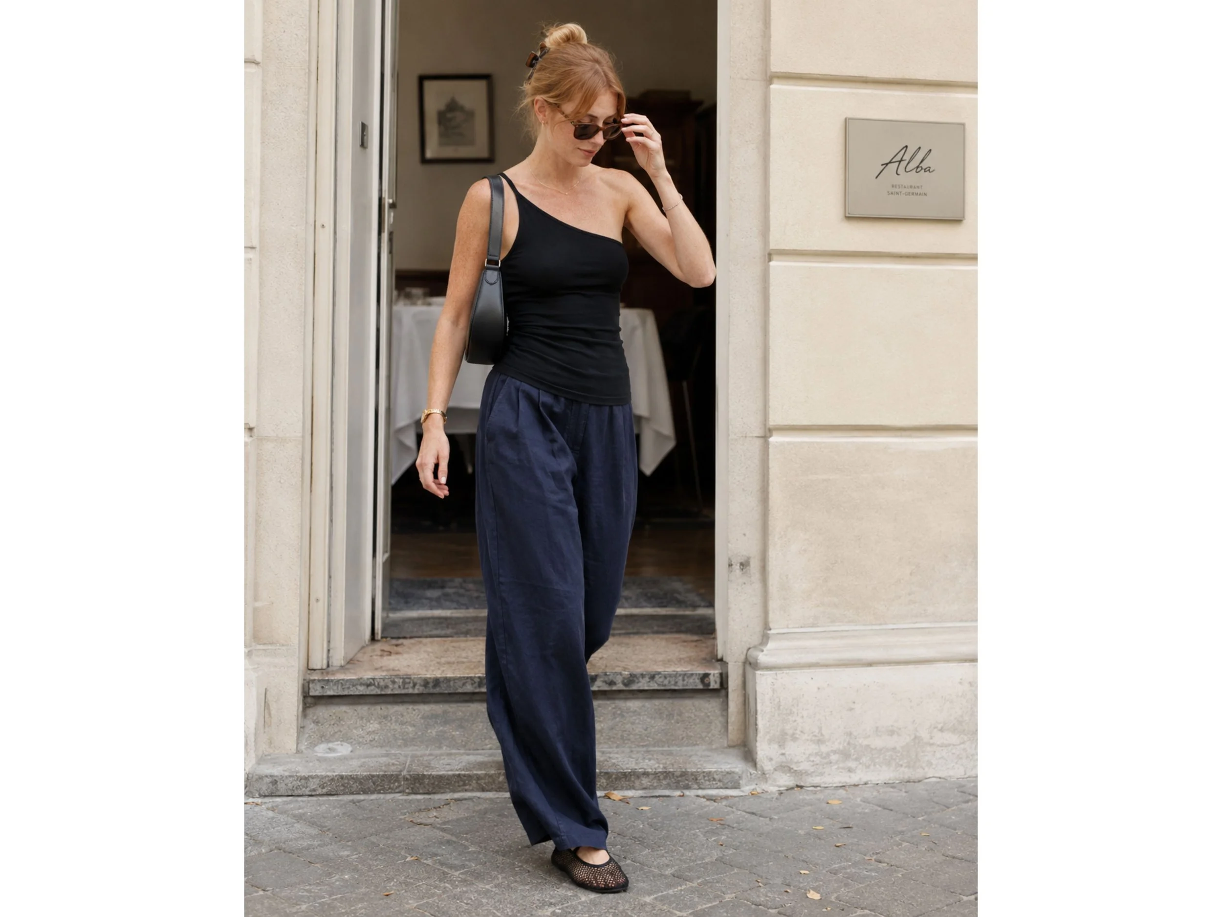 woman Wear it with navy linen trousers, mesh flats, and a small shoulder bag