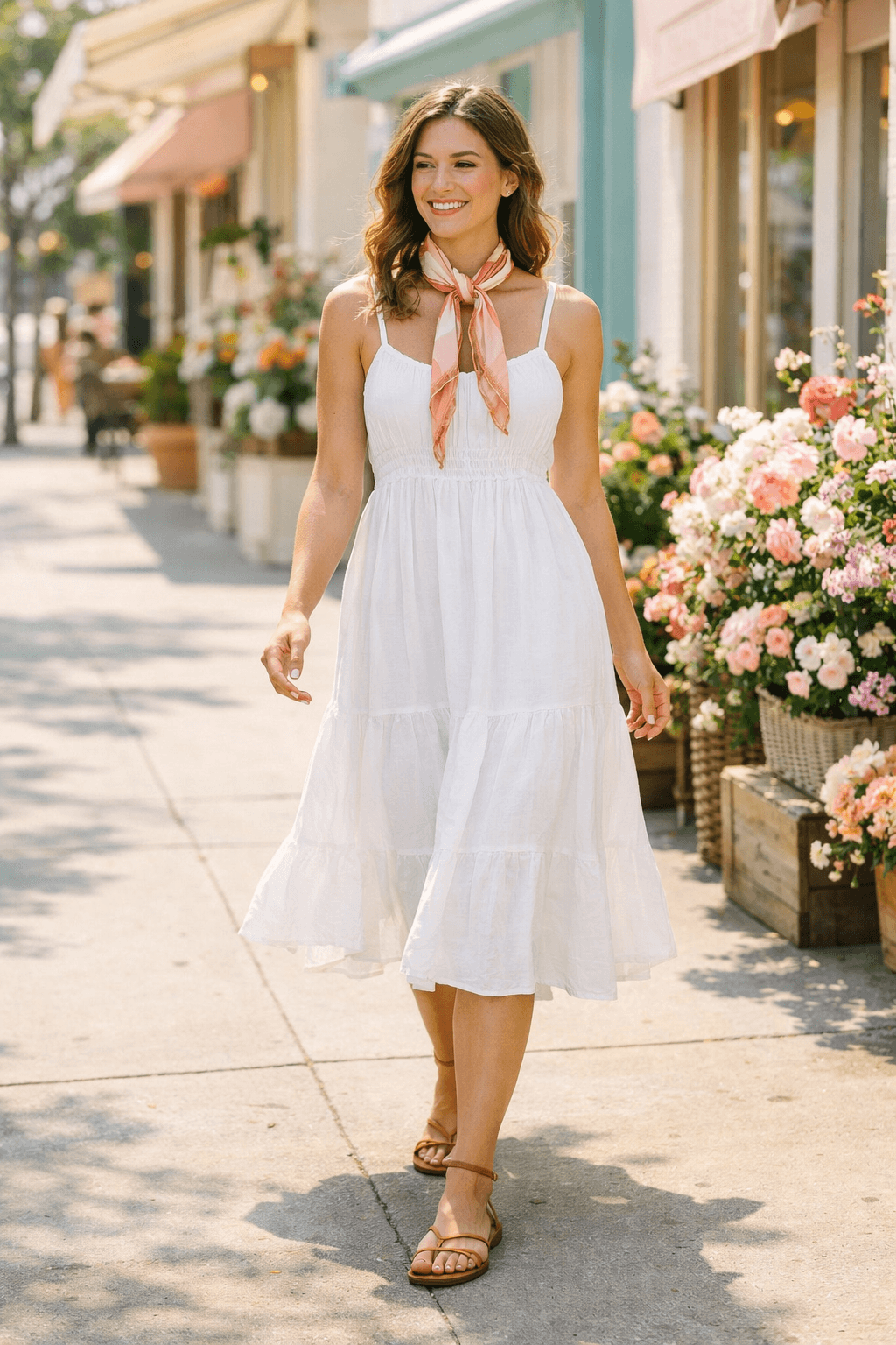 loose neck scarf tie with white tank and linen pants summer outfit