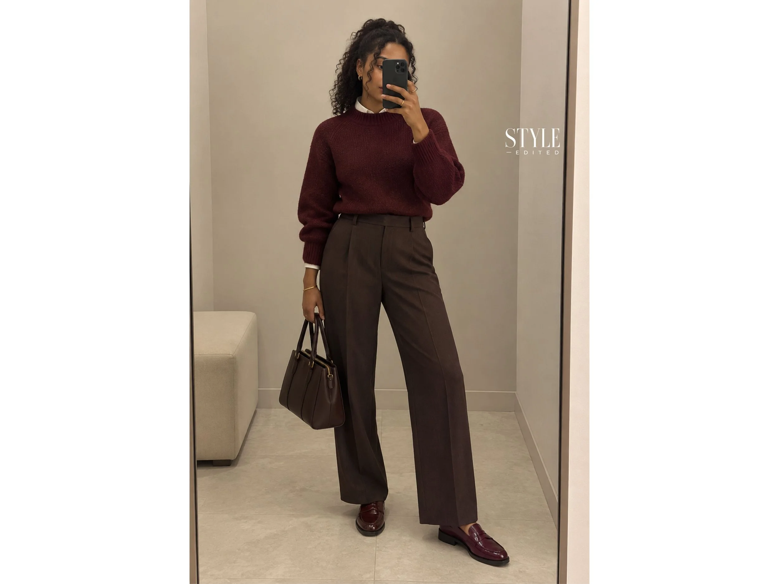 Woman in chocolate trousers and loafers wearing a refined brown-toned outfit.