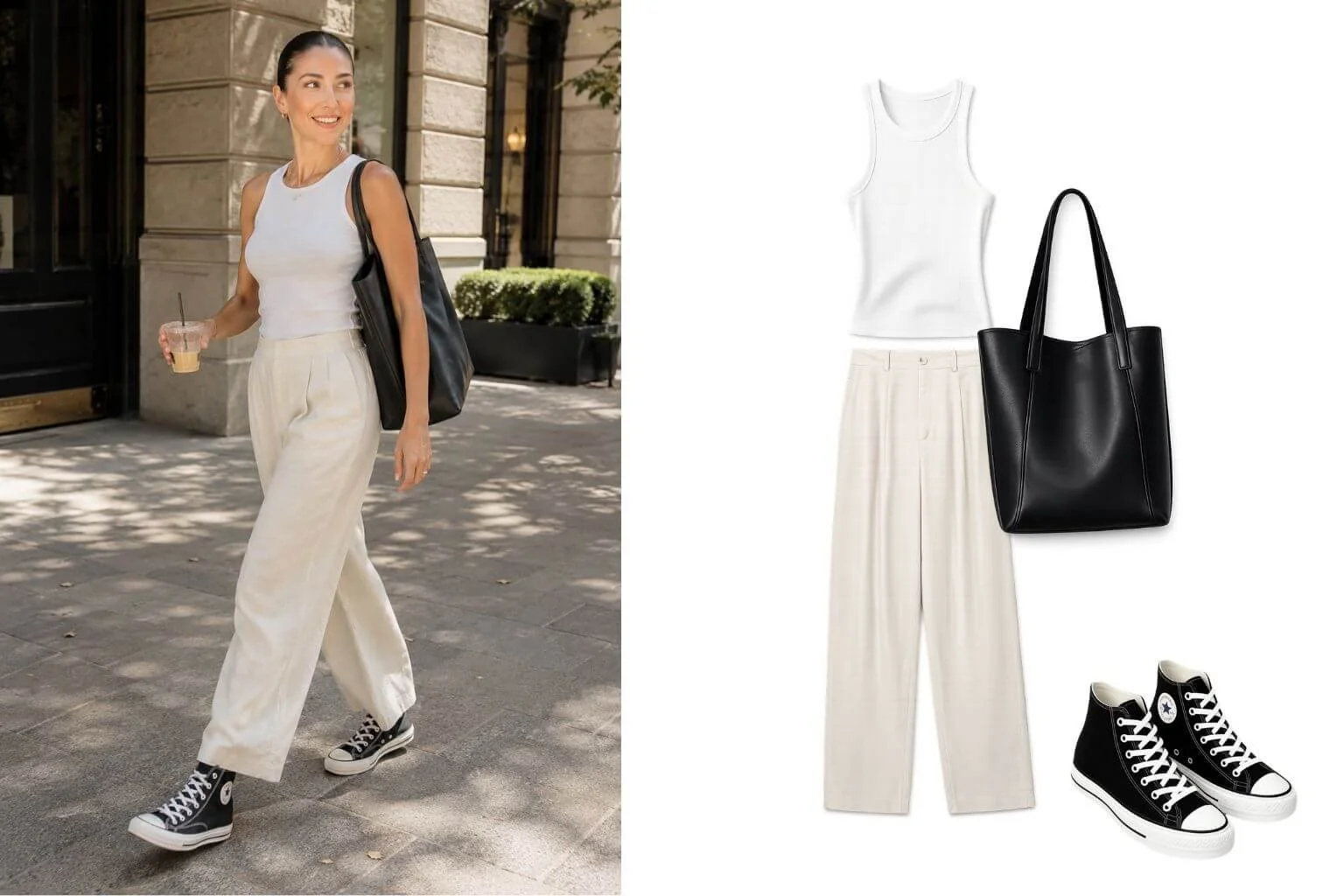 Woman in a white tank top, cream wide-leg trousers, and black Converse sneakers carrying a black tote bag outdoors.