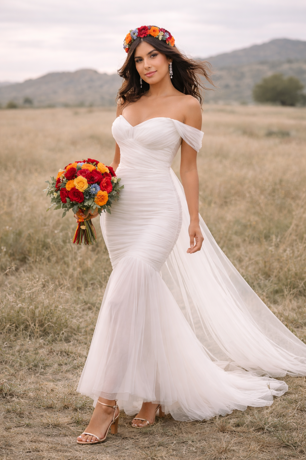 Hispanic bride wearing ruched mermaid tulle elopement dress with floral headband holding colorful bouquet in open field