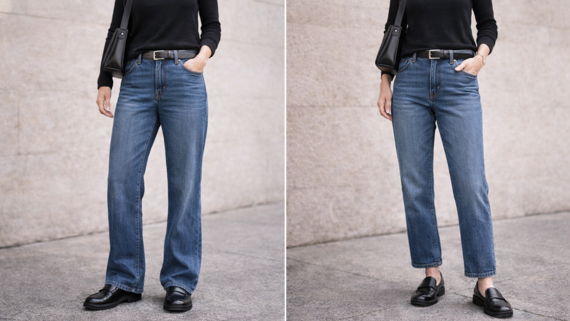 Comparison of medium wash straight-leg jeans with loafers showing stacked hem versus cropped ankle-length fit for a sharper look.