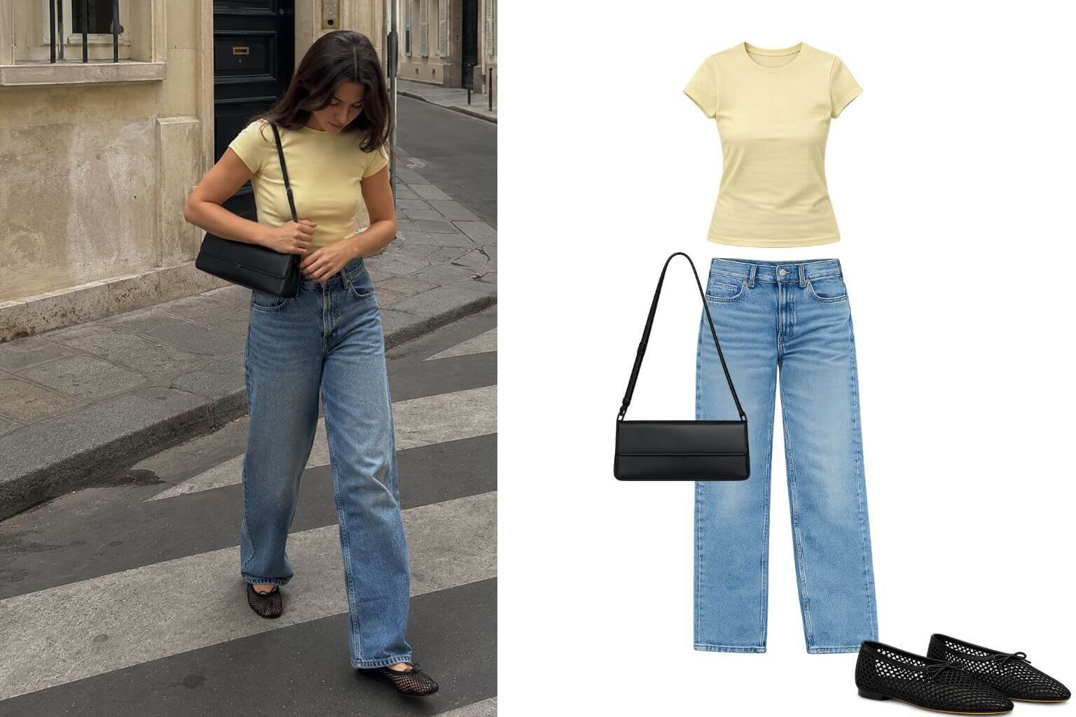 Woman wearing vintage blue wide-leg jeans, a butter yellow fitted tee, black mesh ballet flats, and a structured east-west bag while walking through a quiet city street.