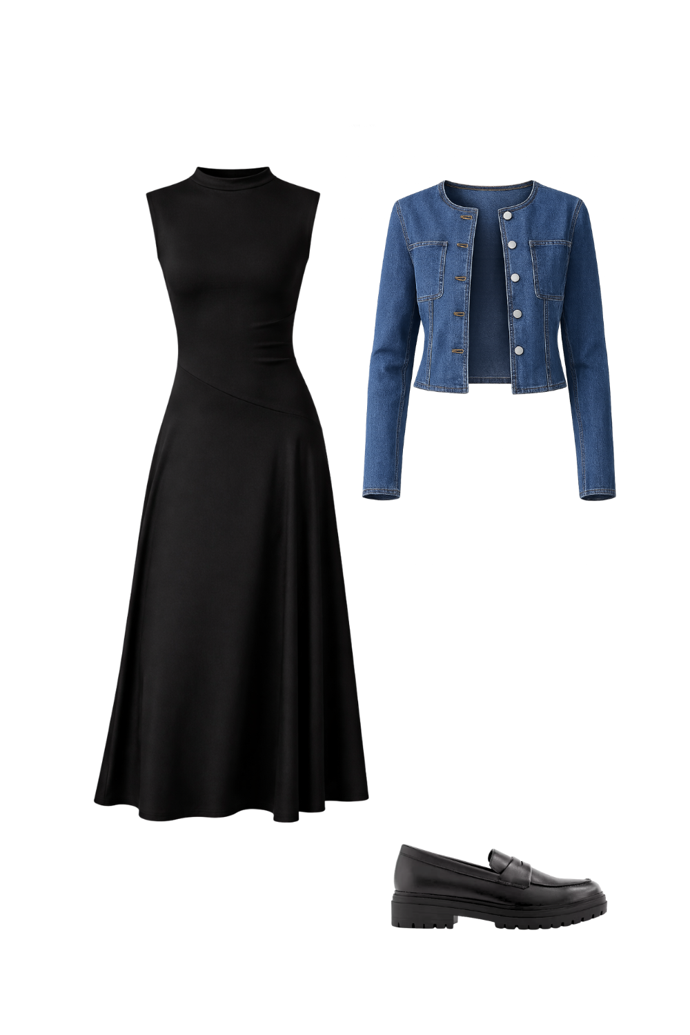 Black midi dress styled with a cropped denim jacket and chunky black loafers for a modern dress-and-loafers outfit.