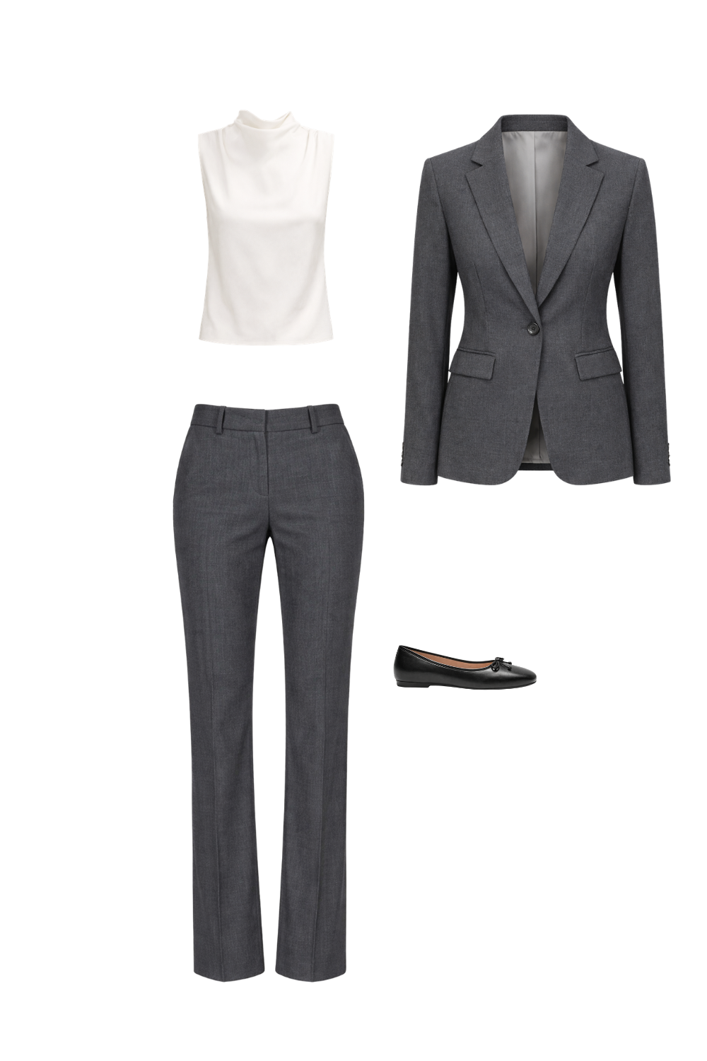 Black ballet flats paired with tailored gray trousers, sleeveless ivory top, and structured blazer for a polished office look.