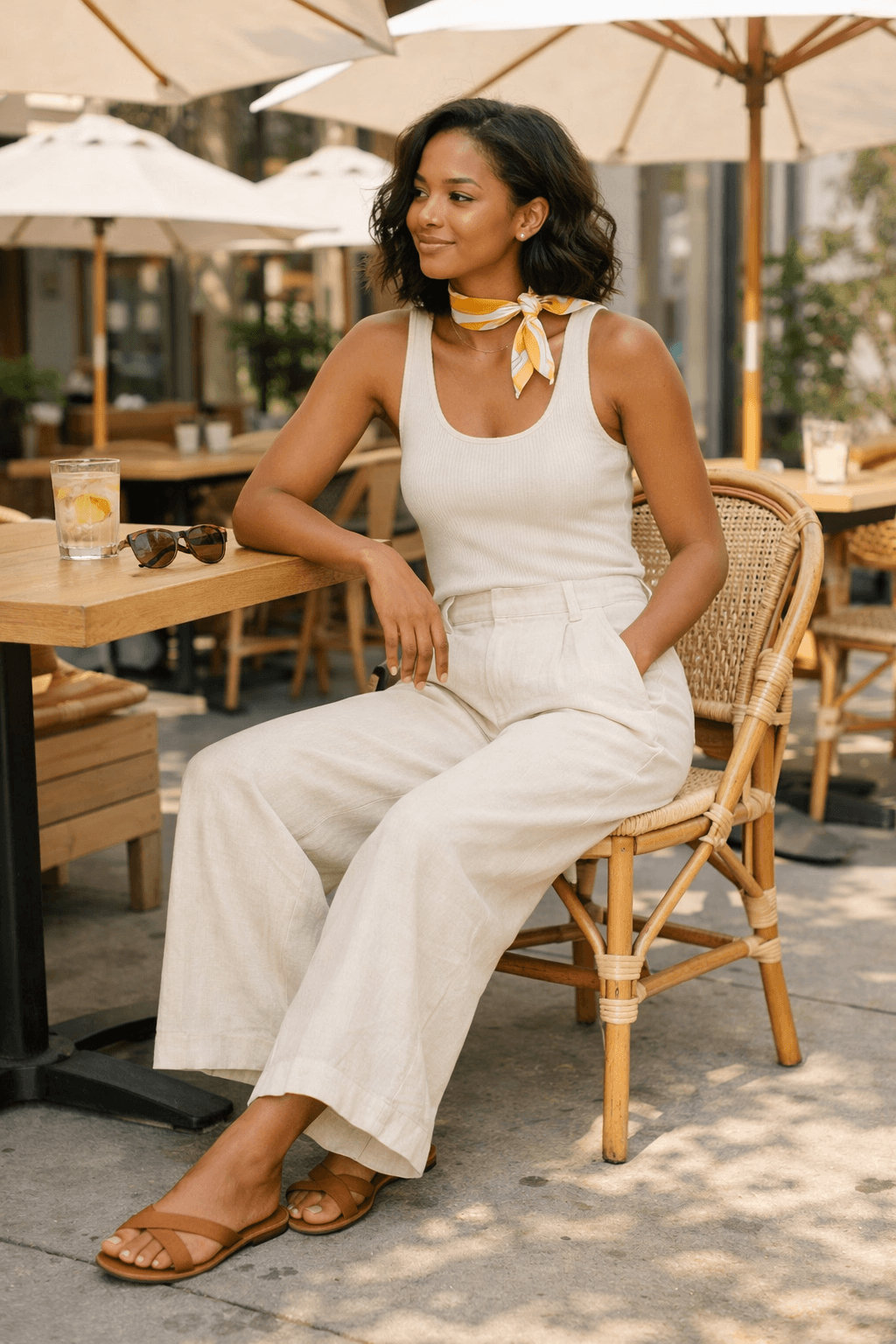 side neck scarf styling with button down shirt and tailored shorts