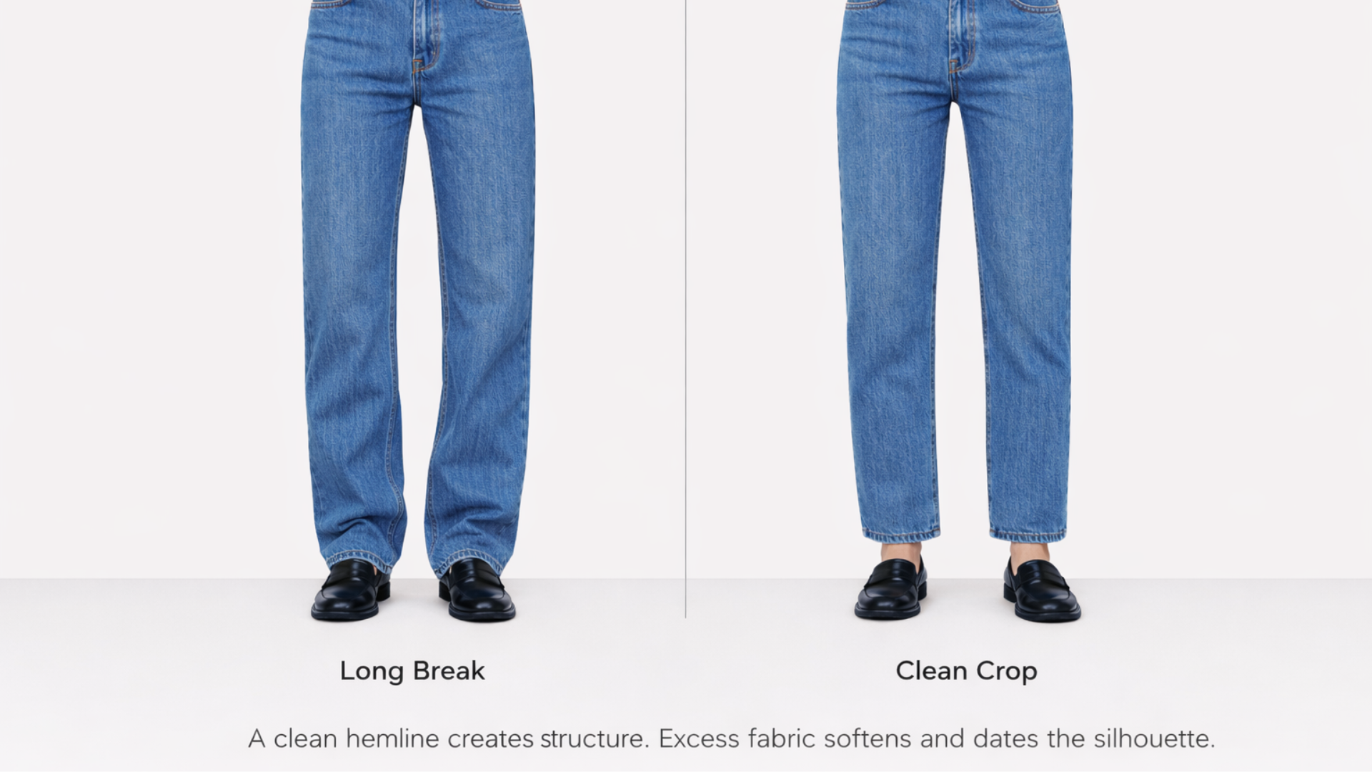 Side-by-side comparison of straight and flare jeans showing pooling hems versus clean breaks to demonstrate how proper length modernizes the silhouette.
