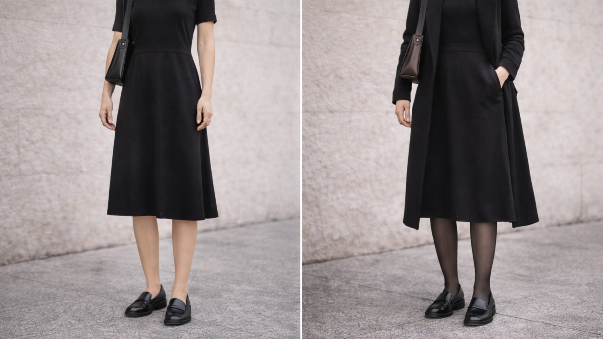 Side-by-side styling of black loafers with a midi dress showing summer look with bare legs versus fall look with tights and coat.