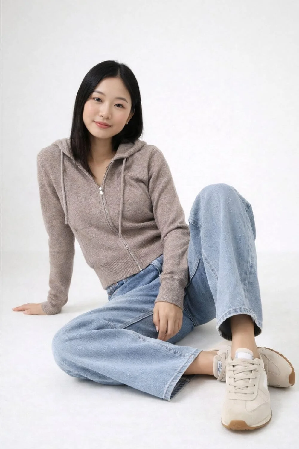 neutral hoodie with wide leg jeans cozy outfit