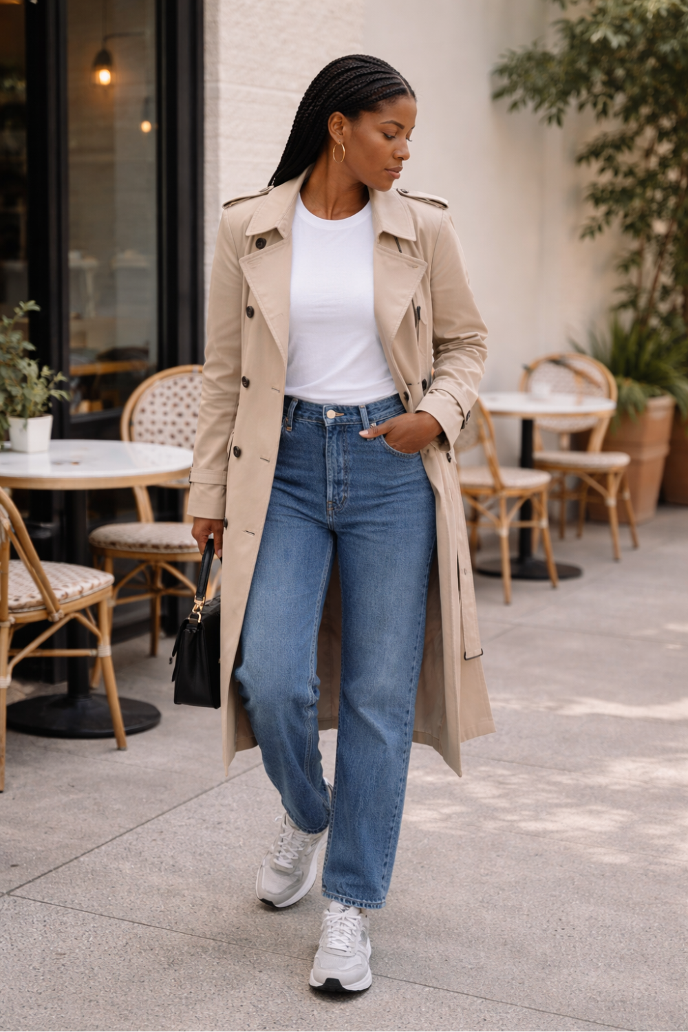 spring outfit ideas for women showing classic trench coat styled with jeans white tee and sneakers