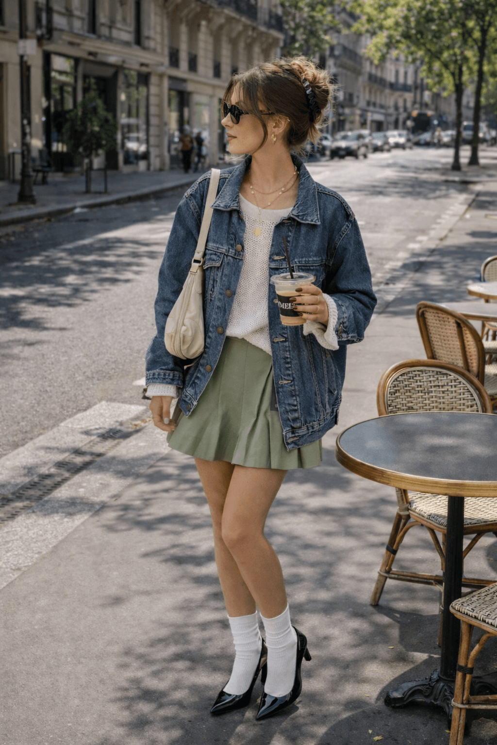 Summer aesthetic outfit ideas featuring a light blue linen short set styled with flat sandals for a coastal summer outfit.