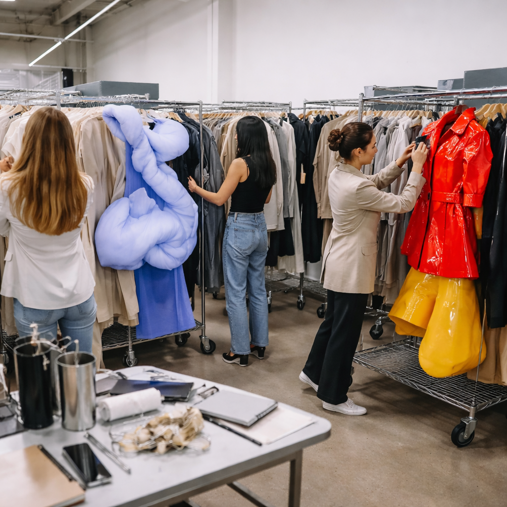 Fashion showroom preview with stylists browsing clothing racks and garments in editorial event environment