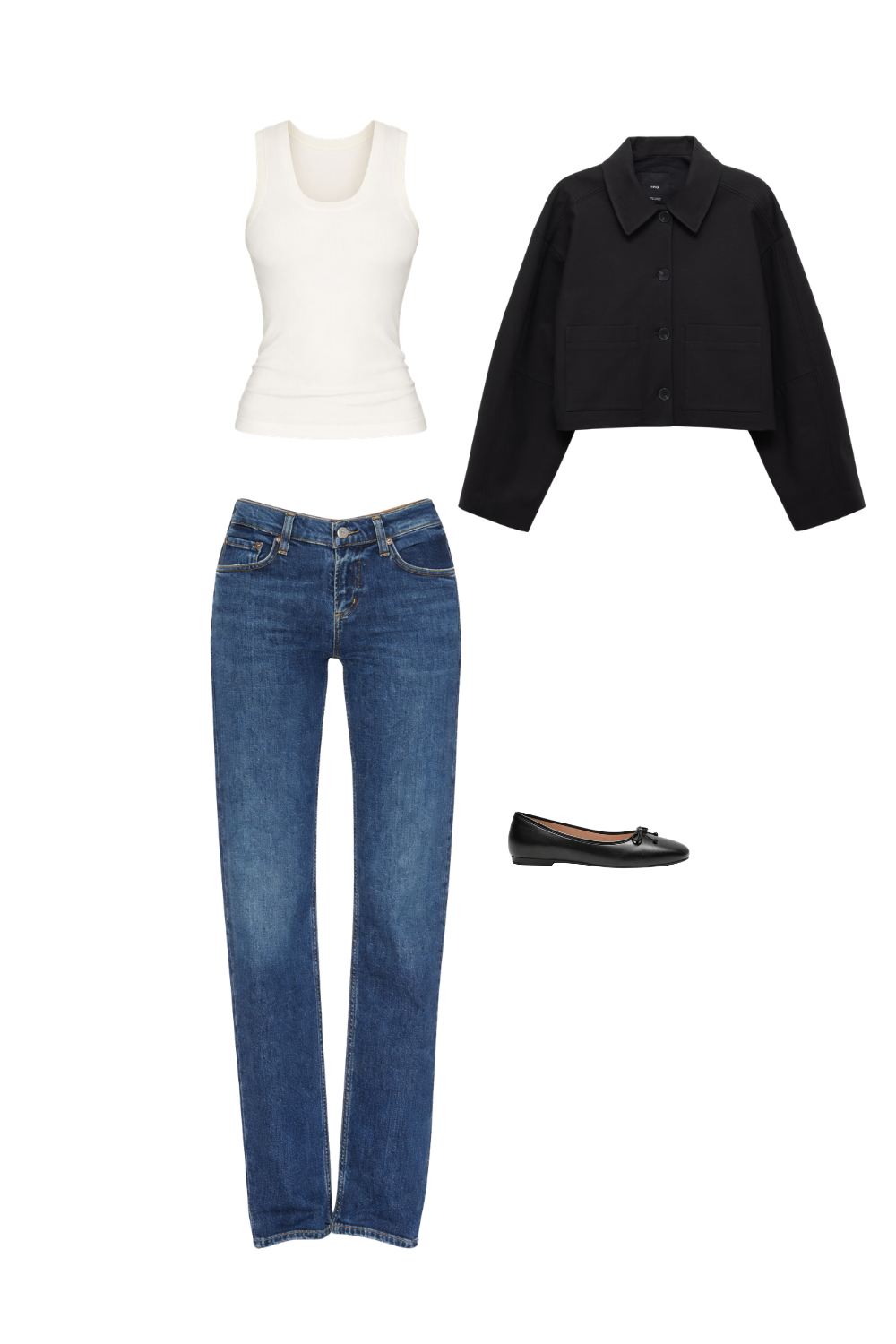 Straight-leg jeans styled with black ballet flats, white fitted tank, and cropped black jacket for a clean ankle-length silhouette.