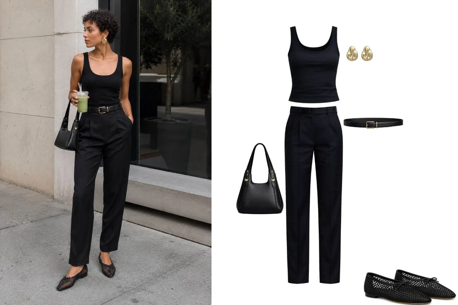 Woman wearing tailored black trousers, a fitted black tank top, black mesh ballet flats, and gold statement earrings while holding a green drink in the city.