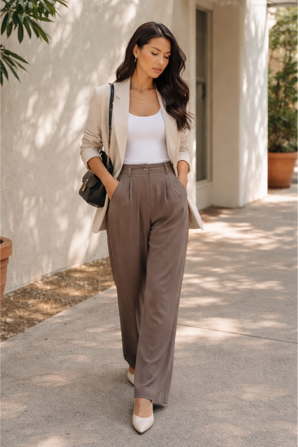 spring outfit ideas for women with beige blazer white tank and relaxed tailored trousers for a business casual look