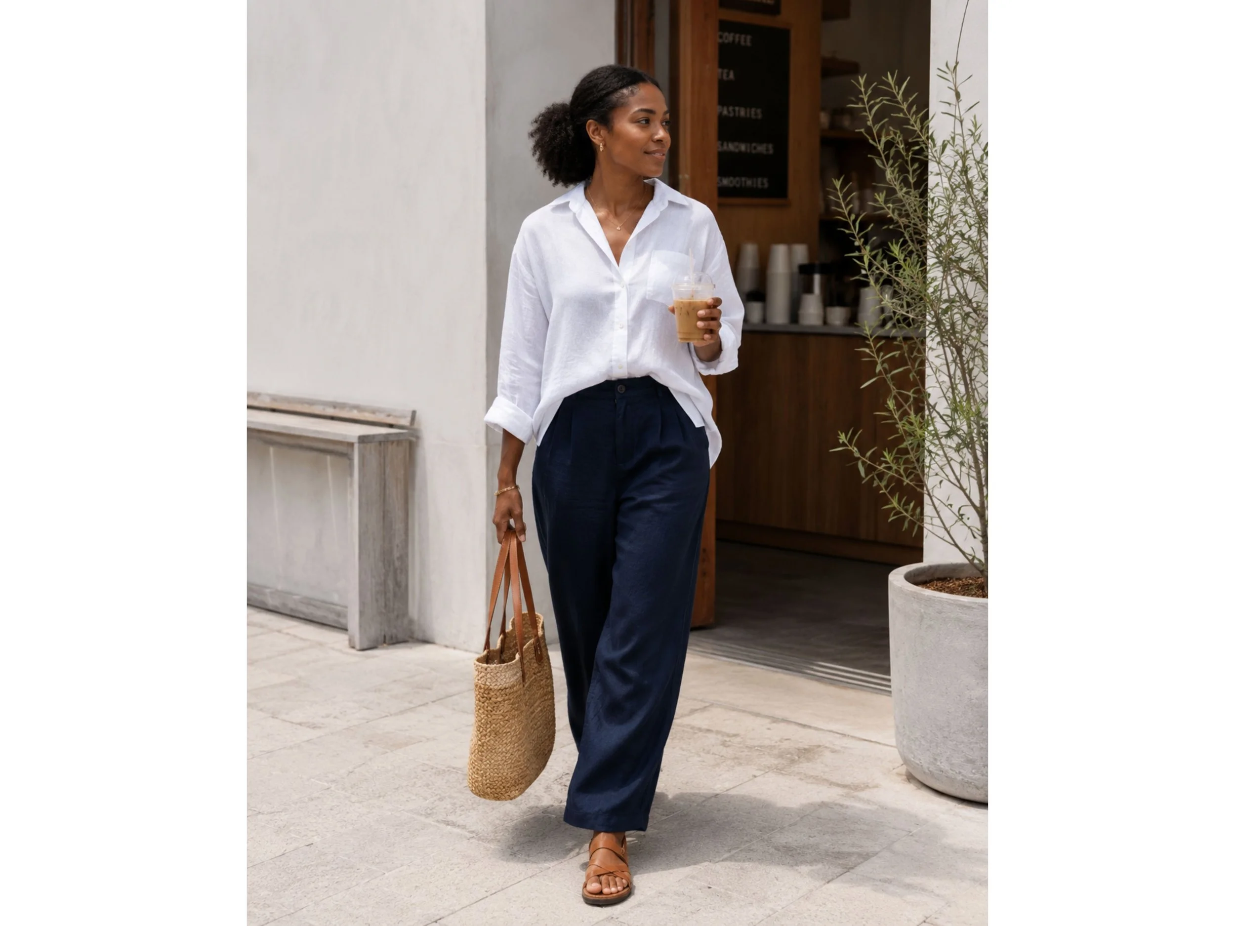 Black woman wearing a white linen button-down shirt, navy linen trousers, tan supportive sandals, and a woven tote while walking outside a coffee shop with an iced drink.