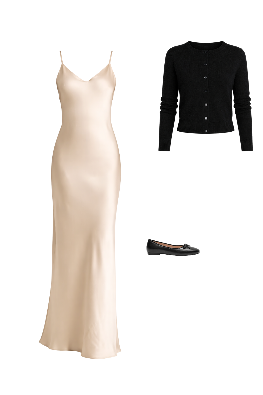 Black ballet flats paired with champagne satin slip dress and cropped black cardigan for balanced softness and waist definition.