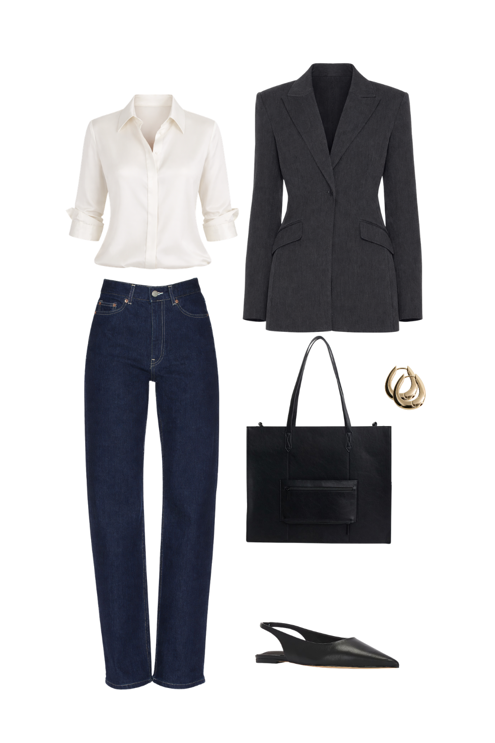 How to style jeans for work with dark wash straight leg denim, ivory blouse, structured black blazer, pointed flats and black tote.