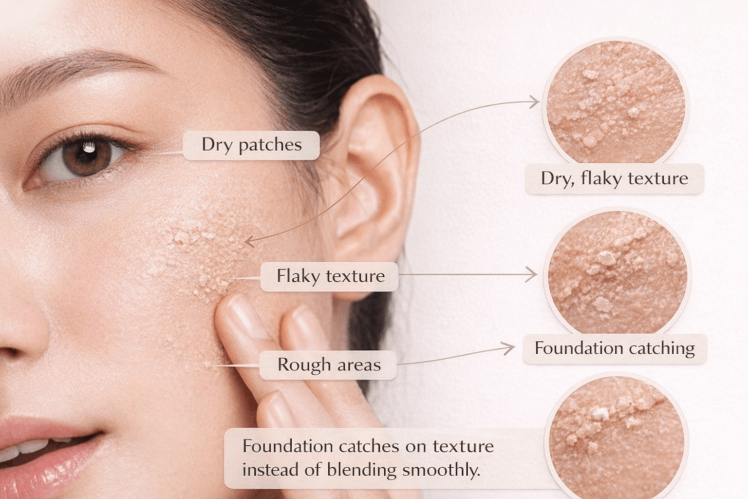 Close-up showing foundation pilling on dry textured skin with flaky patches and makeup catching on uneven areas