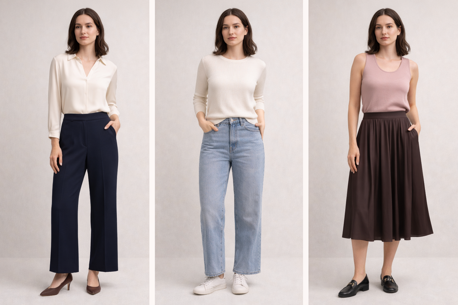 Three outfit examples demonstrating the 3-3-3 rule selection structure, featuring navy tailored trousers with a silk blouse and kitten heels, light-wash jeans with a white knit and sneakers, and a pleated midi skirt with a fitted top and loafers.