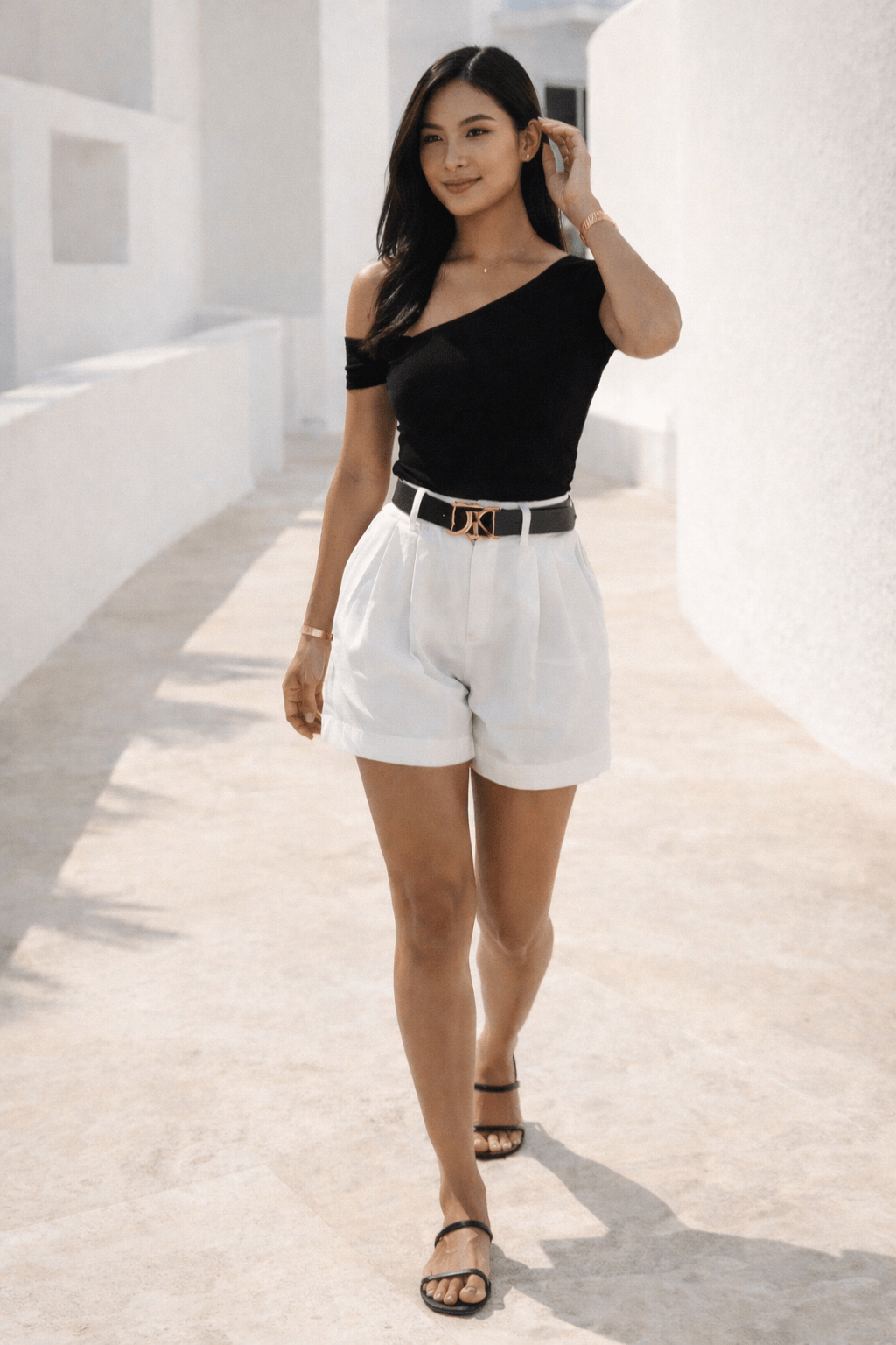 Asian woman wearing black one-shoulder top with white tailored shorts, belt, and minimal sandals in white resort walkway