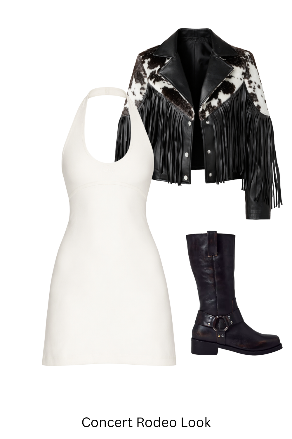 Rodeo concert outfit with mini dress, cowboy boots and fringe jacket.