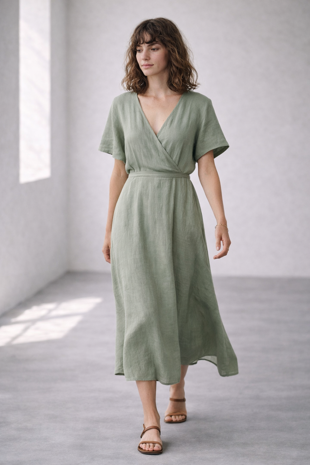 model walking in a sage green linen midi dress with neutral sandals in a minimalist architectural setting