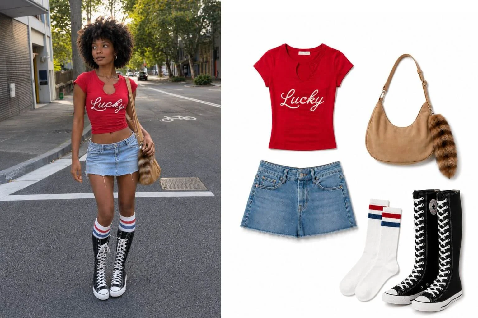 Woman wearing a red graphic baby tee, denim mini skirt, tube socks, and knee-high black Converse sneakers on a quiet city street.
