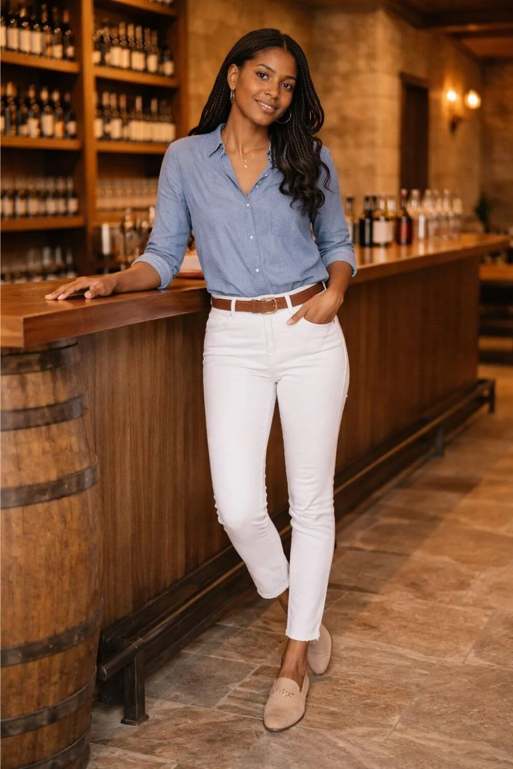 woman wearing chambray shirt and white jeans standing in winery tasting room