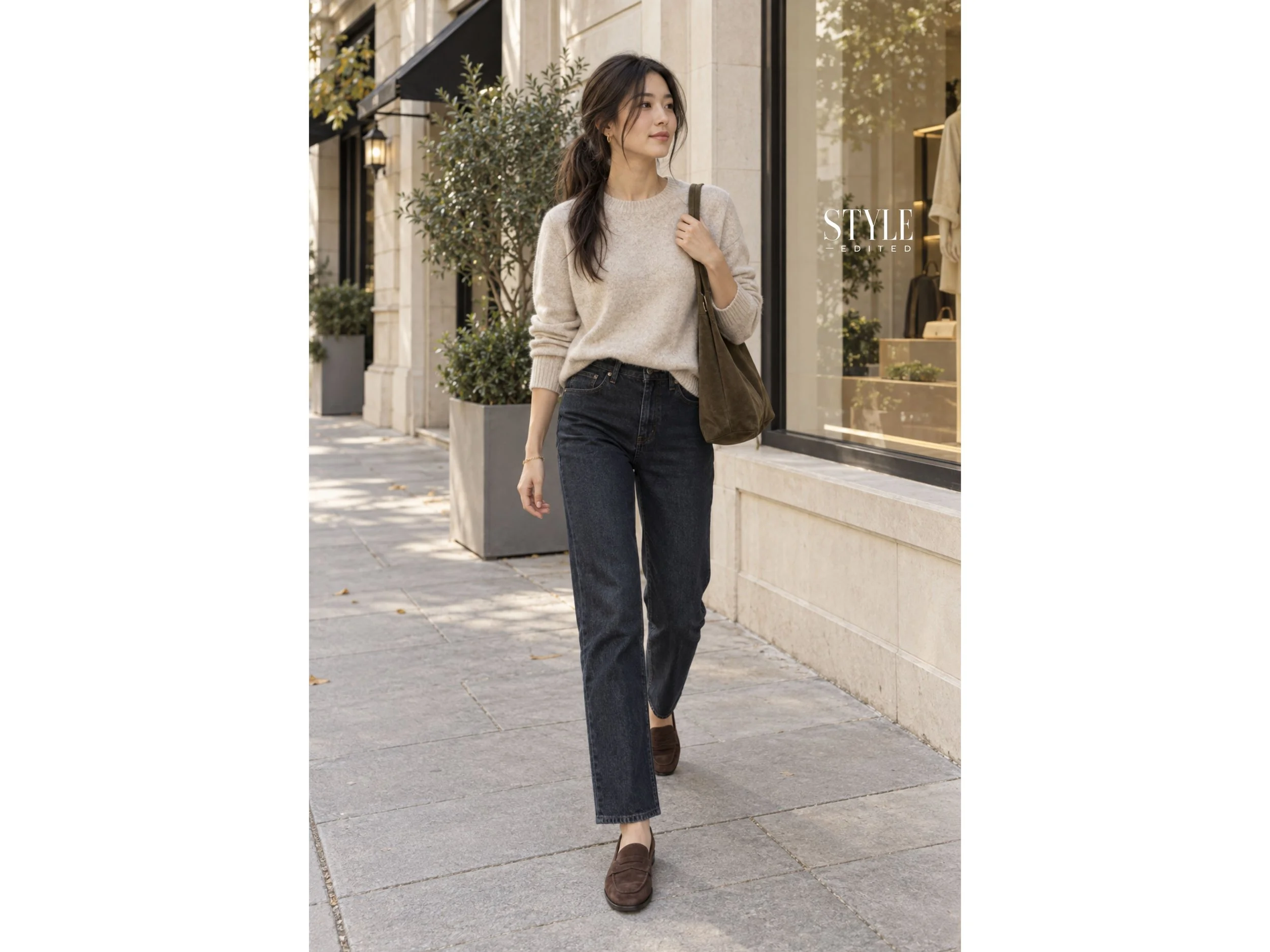 Woman wearing brown suede loafers with a neutral outfit on a bright city street.