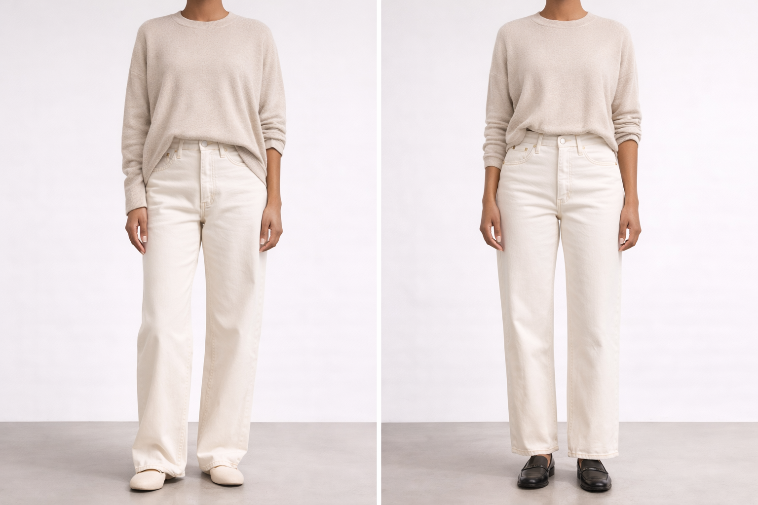 Comparison of the same straight-leg jeans styled with chunky loafers versus sleek flats, demonstrating how shoe weight changes visual balance and proportion.