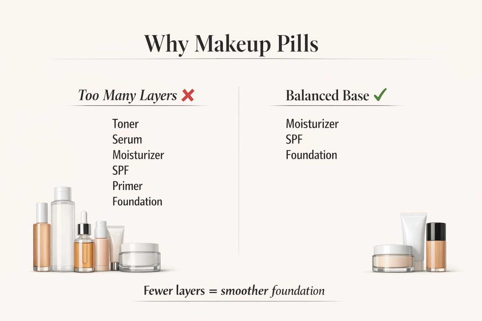 Skincare layering comparison showing too many products under foundation versus a minimal base to prevent makeup pilling