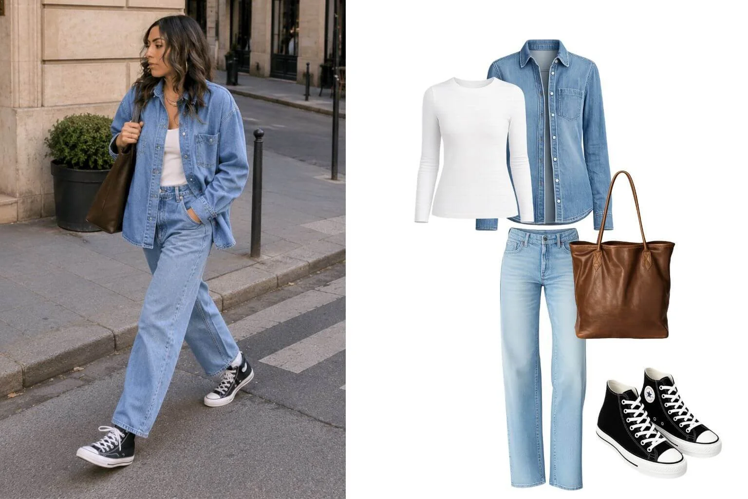 Woman wearing an oversized denim shirt with relaxed light-wash jeans and black Converse sneakers in a denim-on-denim outfit.