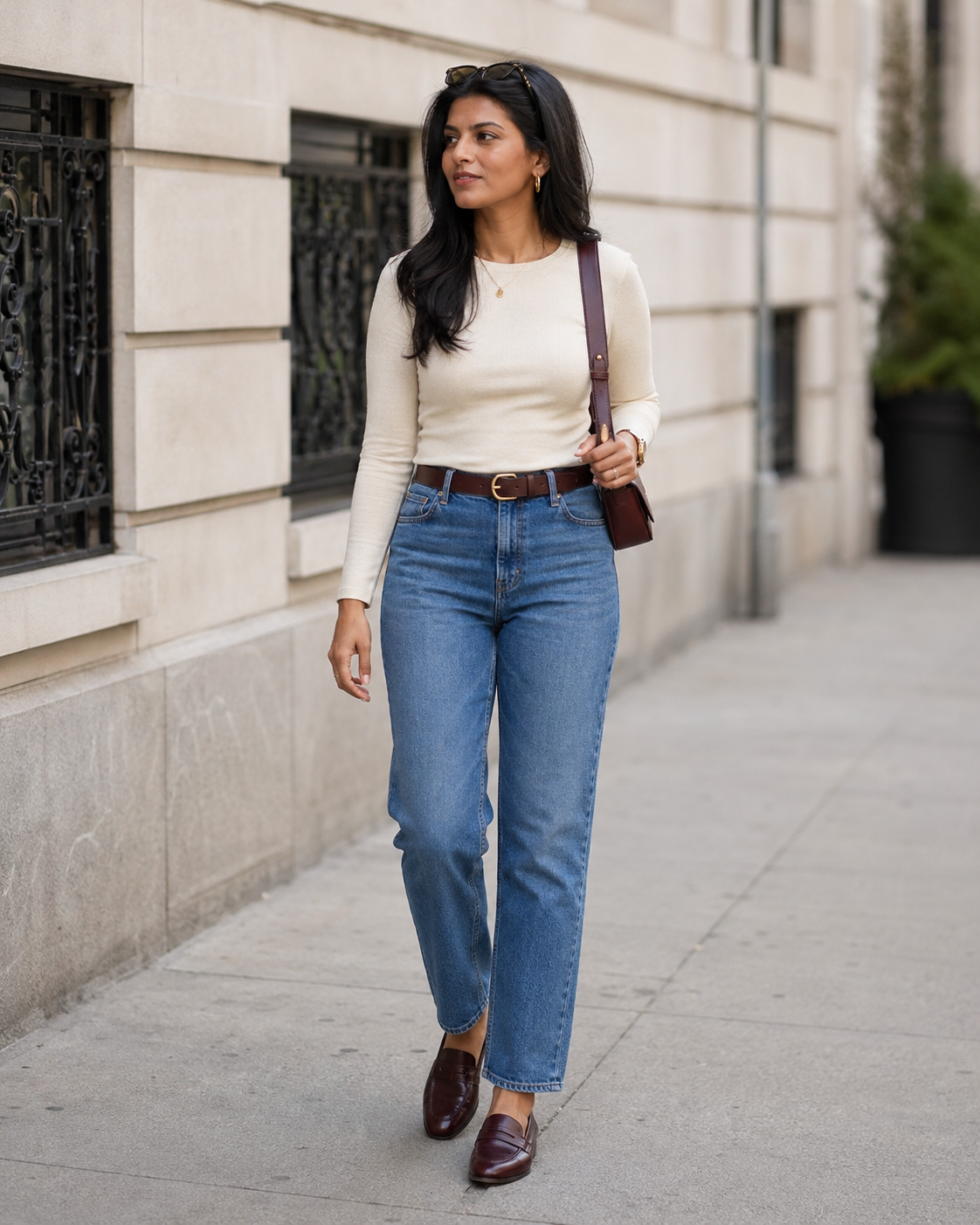 South Asian woman wearing straight-leg jeans, burgundy loafers, a fitted cream top, and a structured shoulder bag