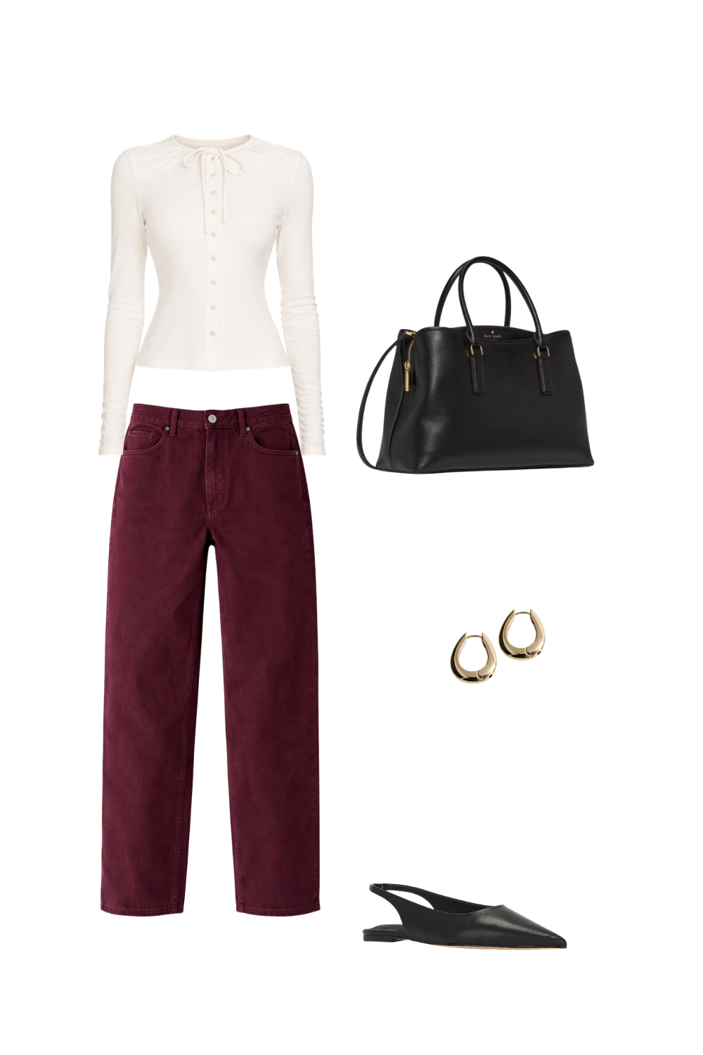 How to style jeans in burgundy barrel cut with fitted cream knit, black slingback flats and structured black handbag.