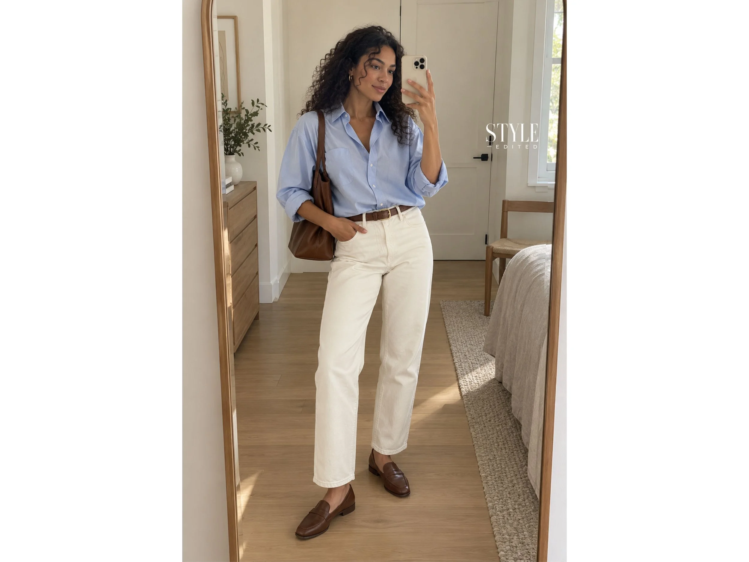 Woman in white jeans and brown loafers styled in a clean, neutral casual outfit.