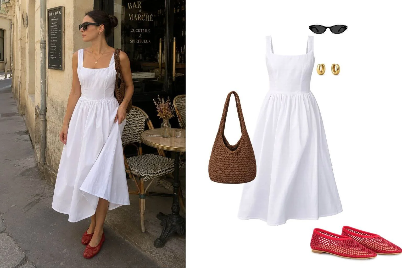 Woman wearing a white poplin midi dress with red mesh ballet flats, oversized sunglasses, and a woven brown shoulder bag outside a European-style café.