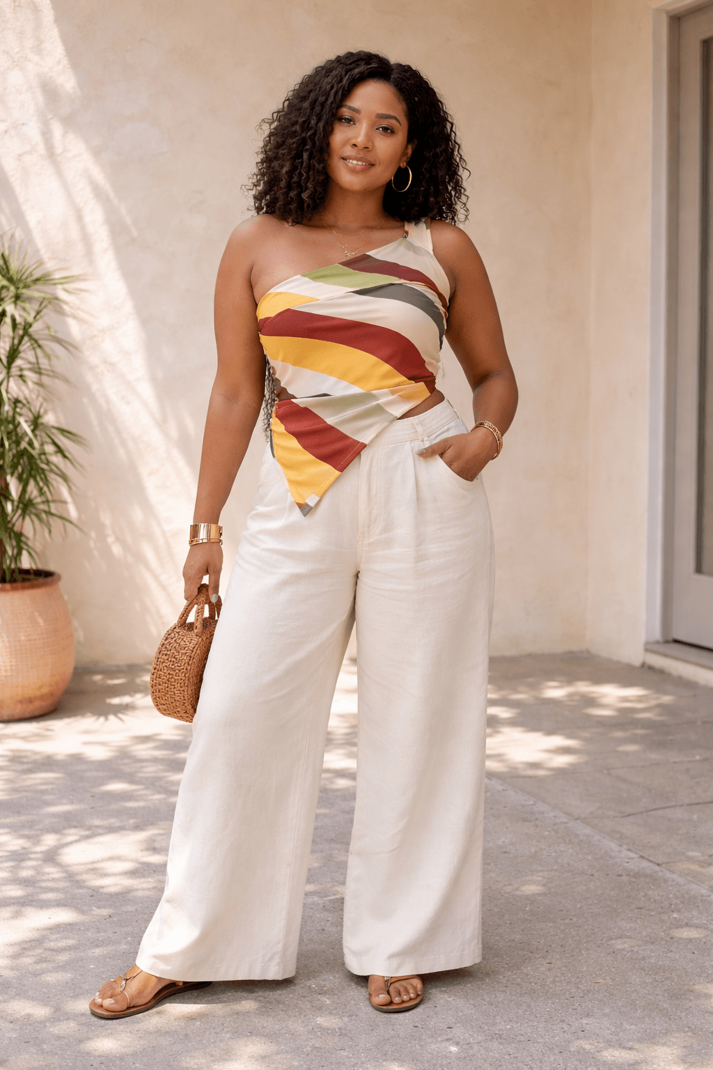 silk scarf worn as top with wide leg linen pants summer outfit