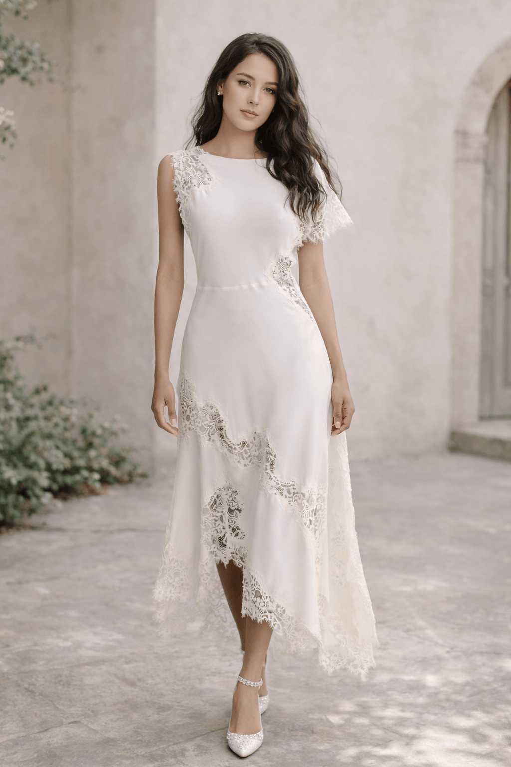 Bride wearing a soft lace-trim elopement dress with an asymmetric hem in a light romantic courtyard setting