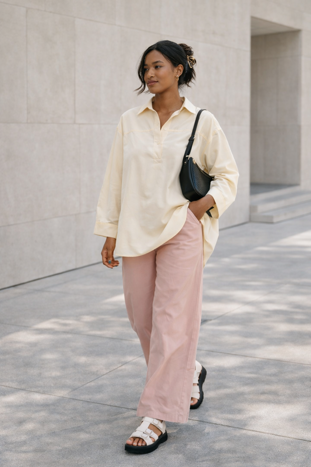 transitional spring outfit oversized shirt pink trousers sandals casual spring outfit women