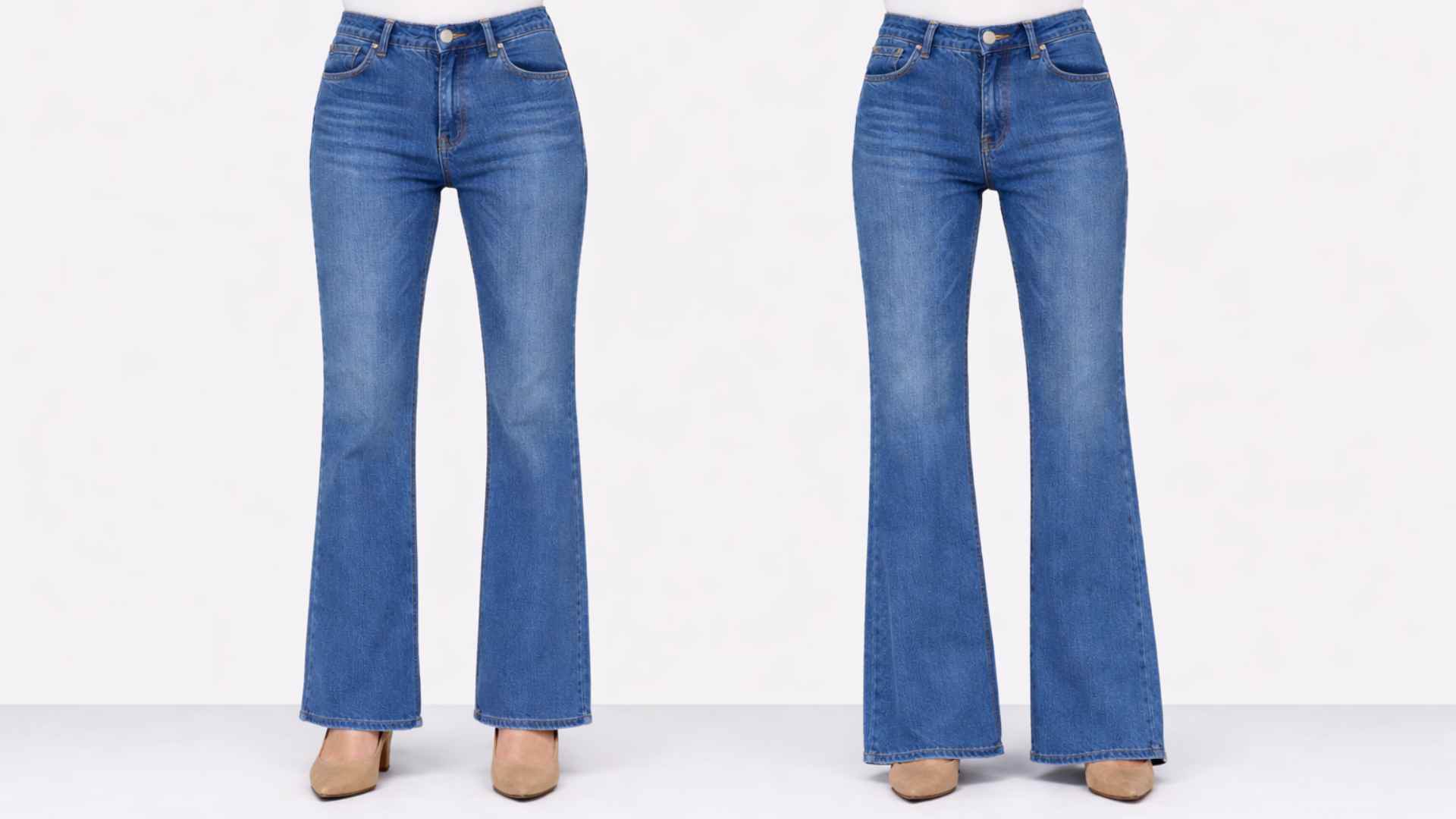 Side-by-side comparison of flare jeans worn too short with heels versus floor-grazing length to demonstrate elongating silhouette.