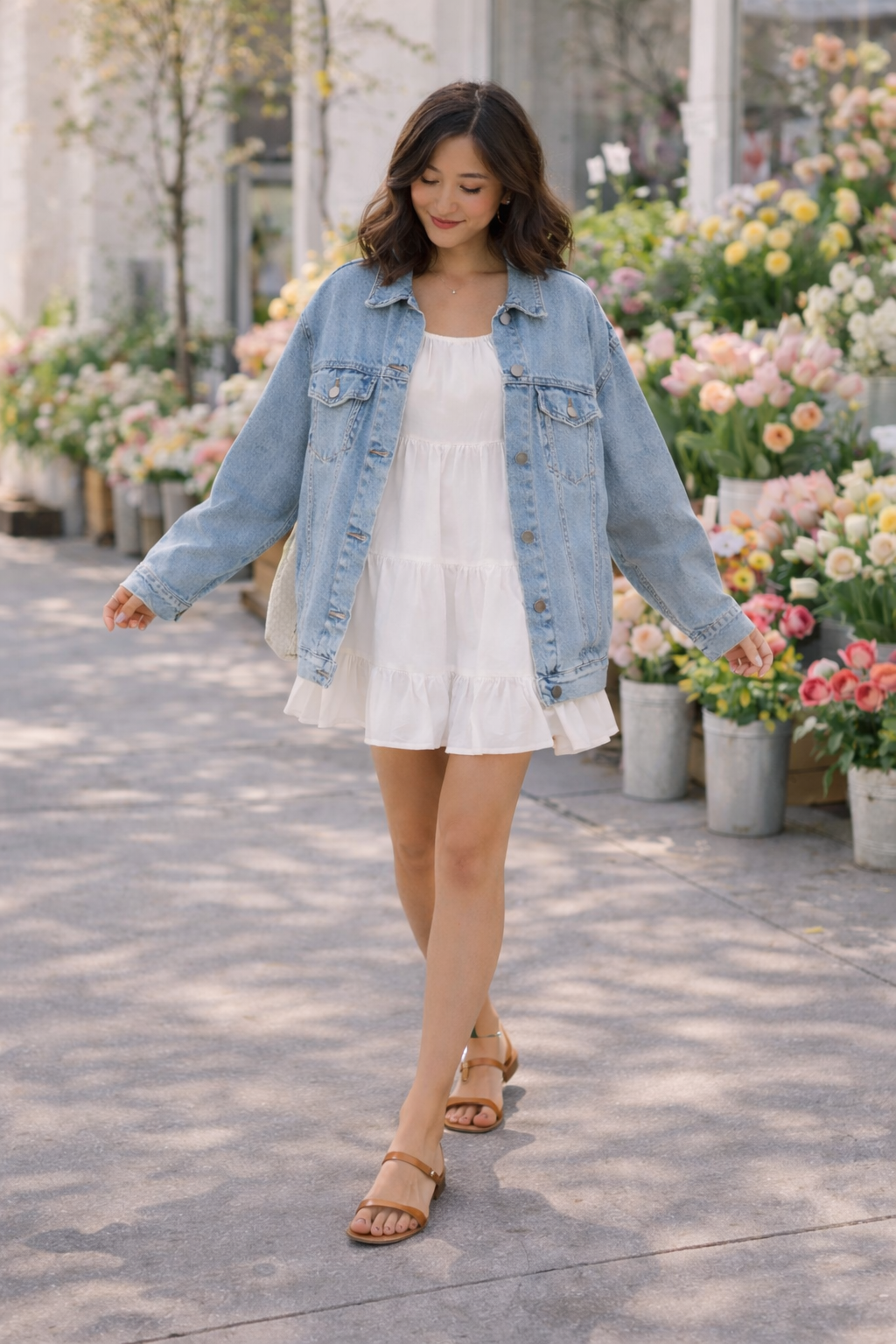 spring outfits 2025 denim jacket white mini dress casual transitional spring outfit women
