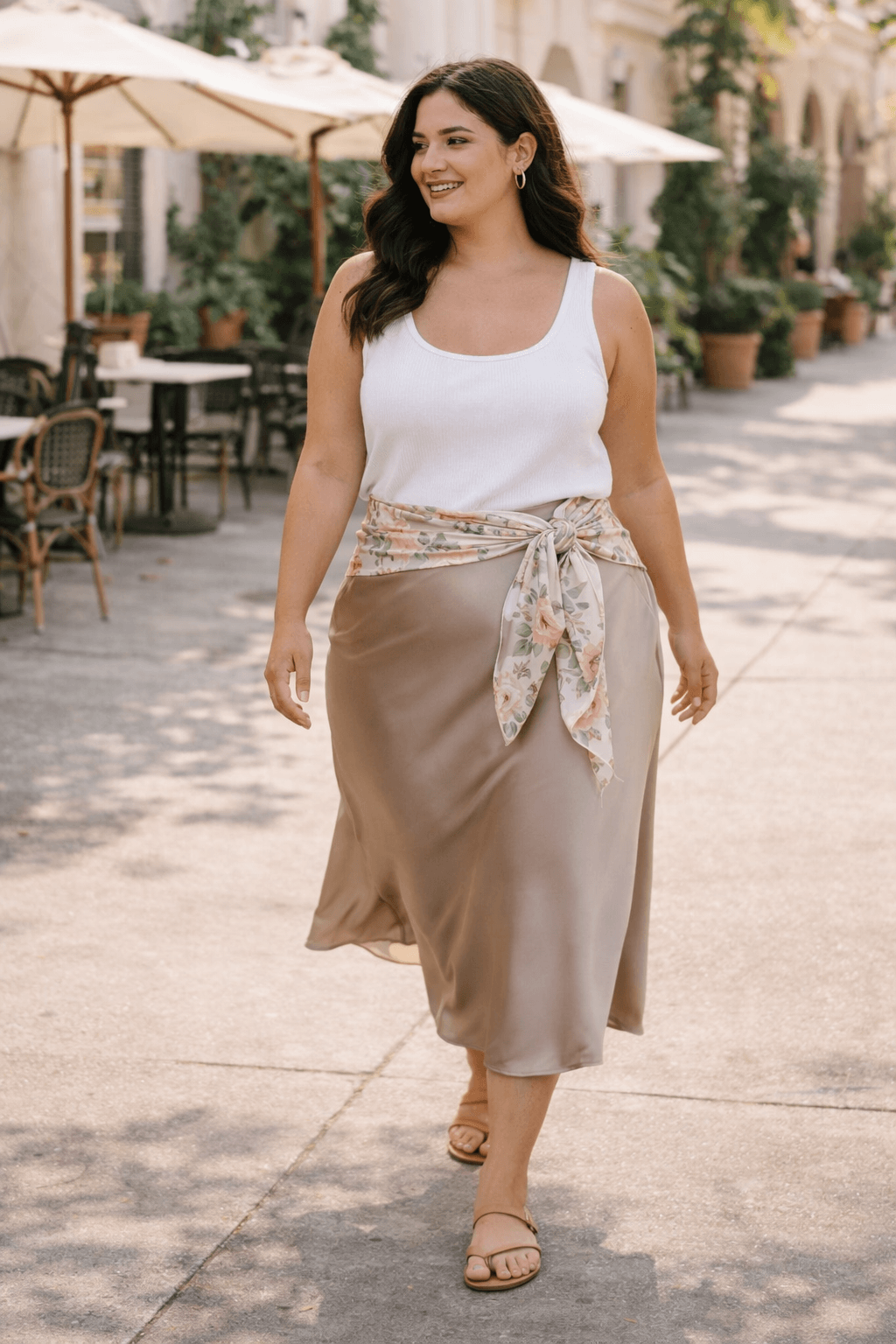 scarf wrapped at waist with slip skirt and tank summer outfit