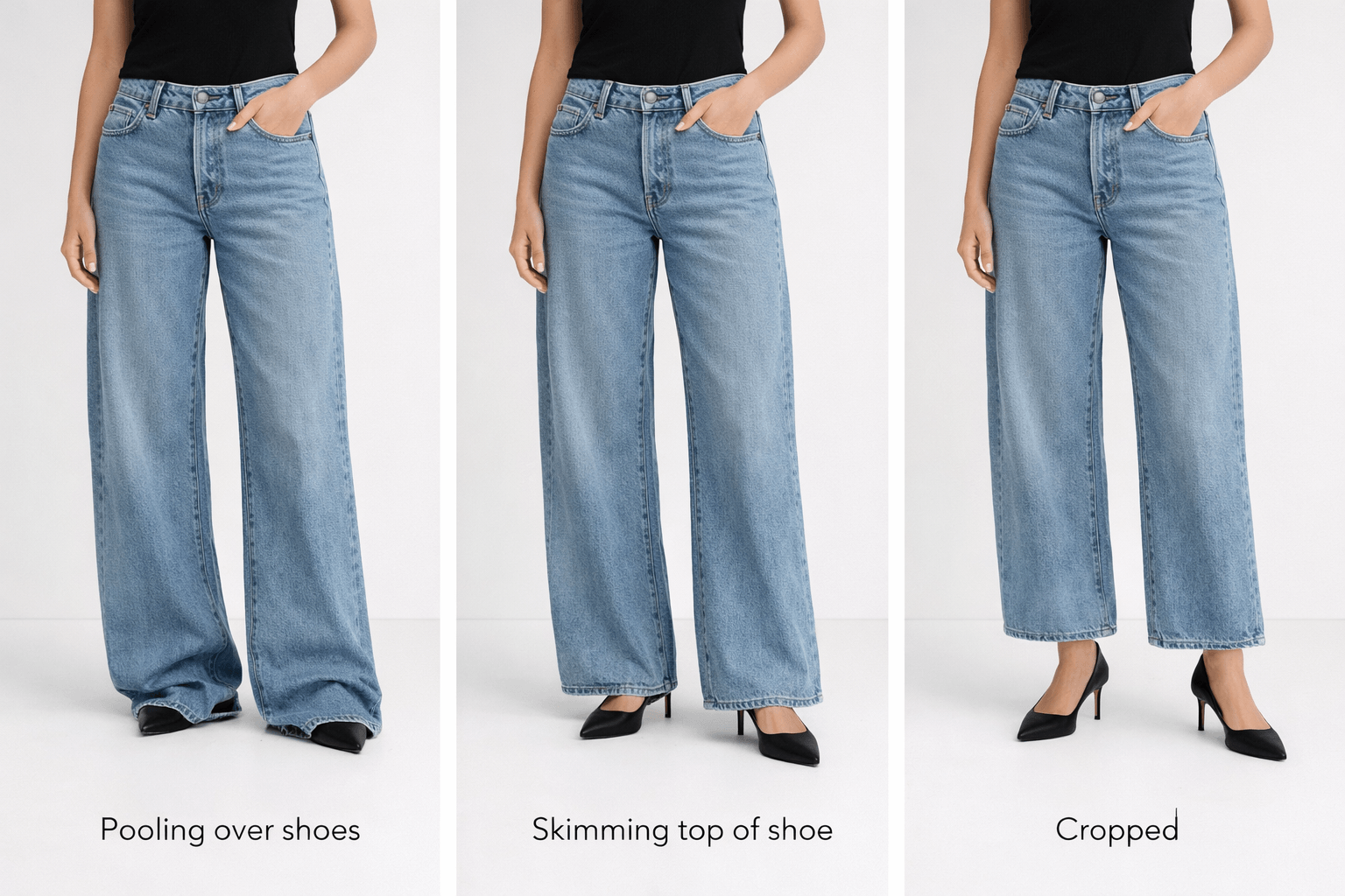 Comparison of wide leg jeans hem lengths showing pooling over shoes, clean skim at the top of the shoe, and cropped length above the ankle.