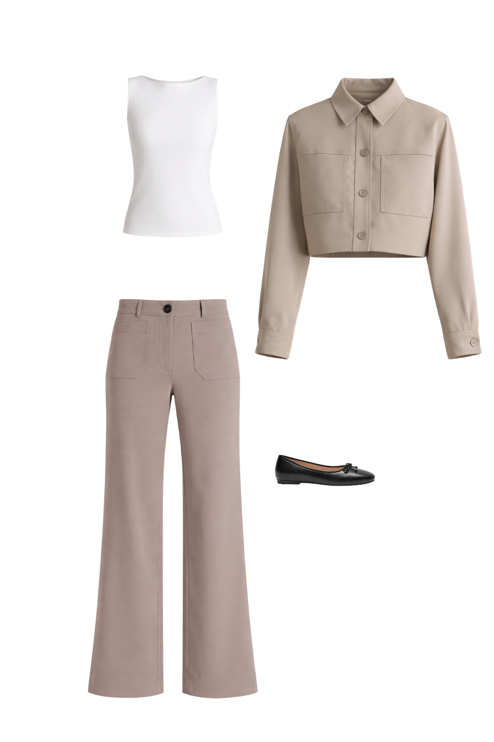Black ballet flats styled with taupe wide-leg trousers, white fitted tank, and cropped utility jacket for structured proportion.
