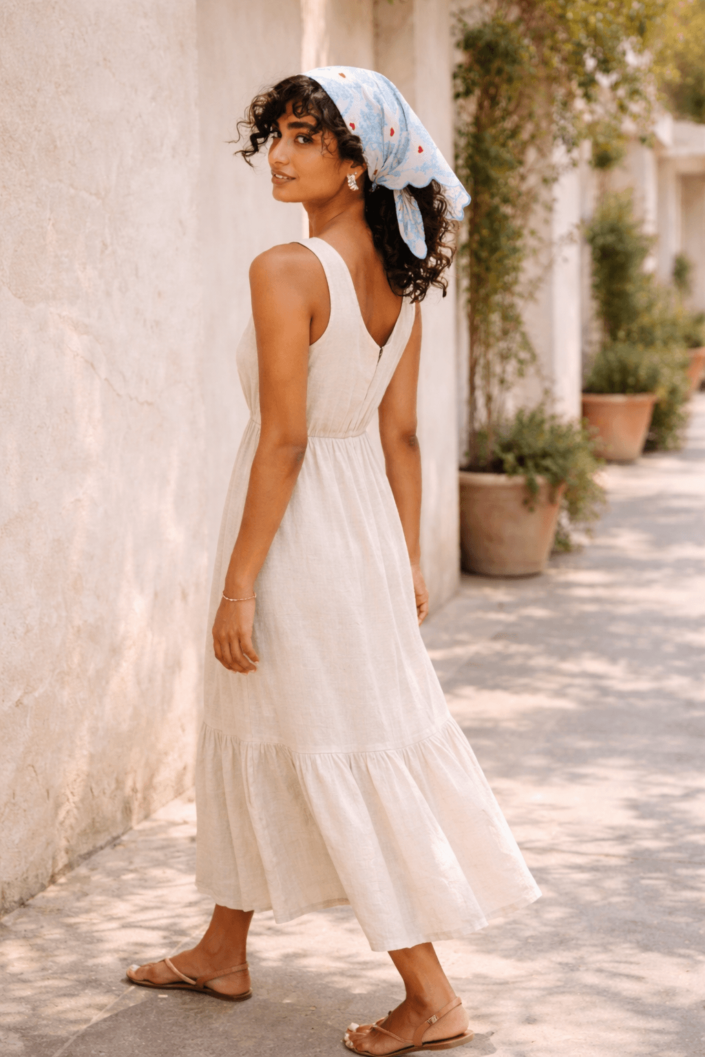 triangle headscarf styling with white dress summer outfit