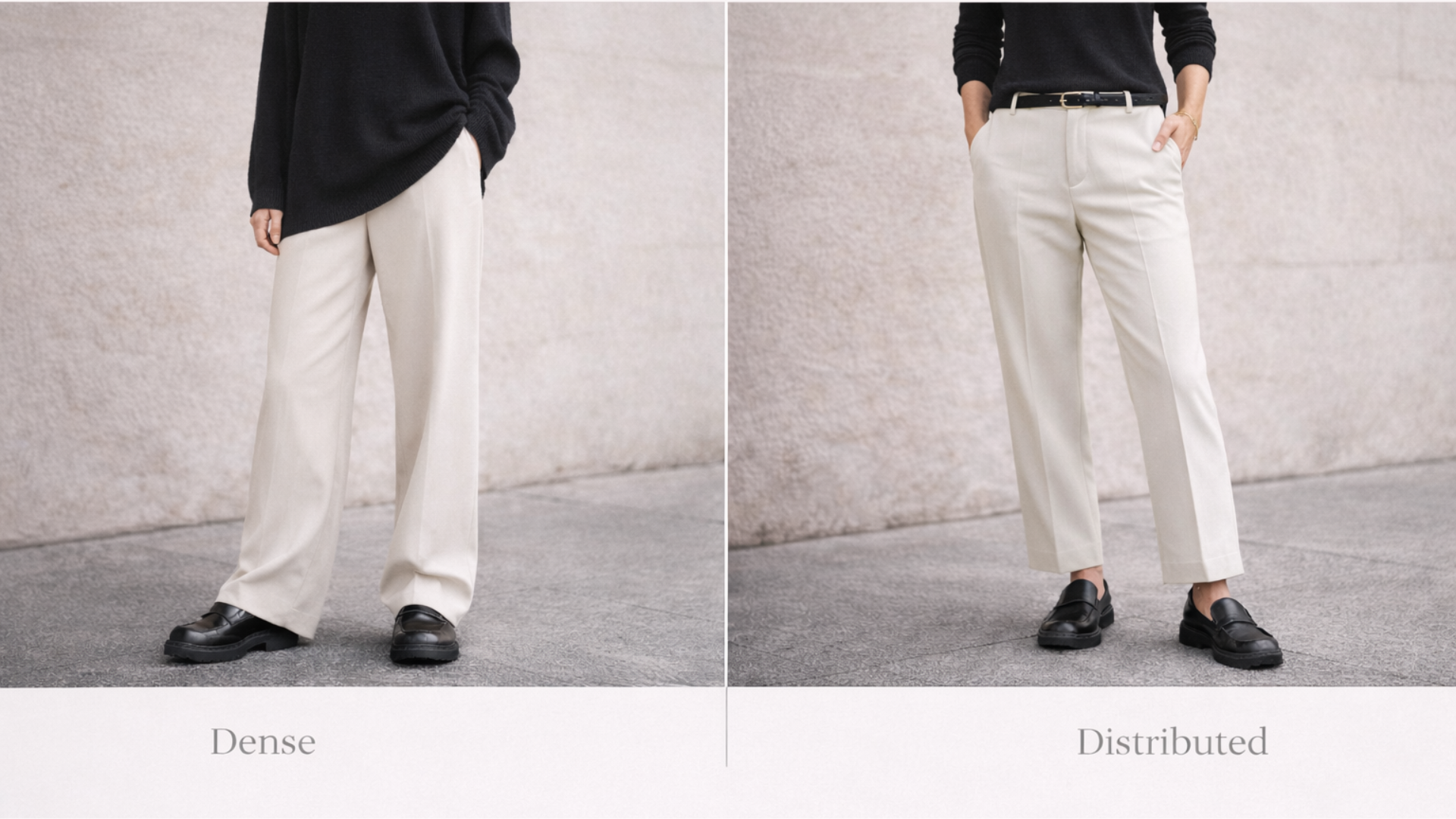 Side-by-side outfit comparison demonstrating how distributing visual weight balances chunky loafers with cream trousers and a black knit.
