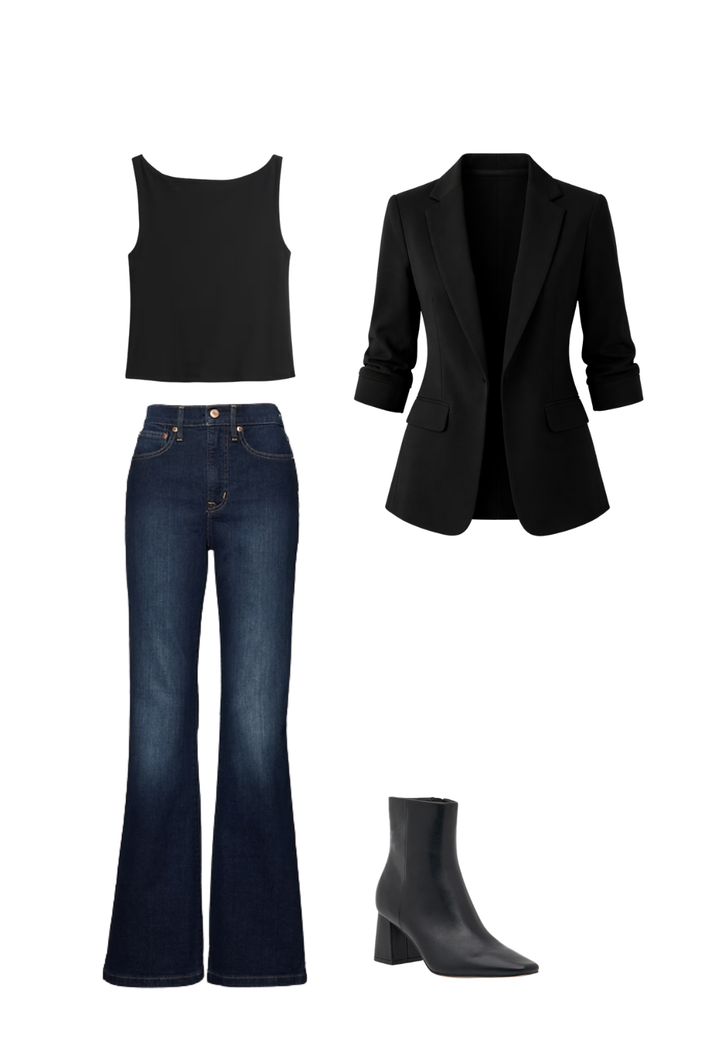 How to style jeans in dark wash flare denim with black crop top, tailored blazer and heeled ankle boots.