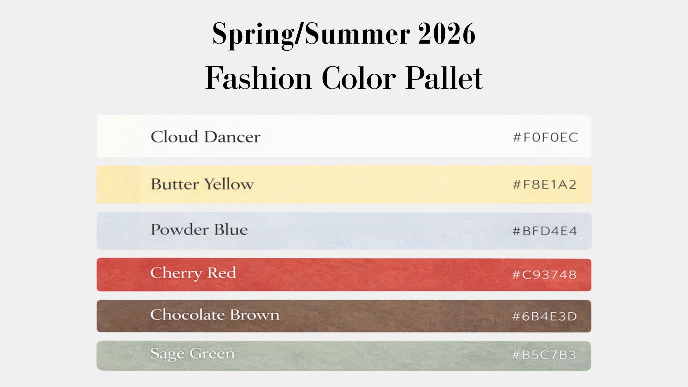 Spring Summer 2026 fashion color trends infographic featuring Cloud Dancer butter yellow powder blue cherry red chocolate brown and sage green with styling pairings